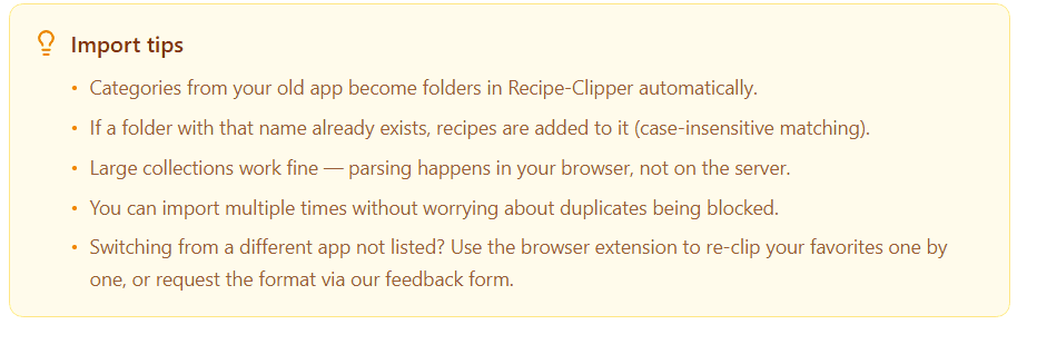 Recipe-Clipper bulk import tool importing recipes from Paprika with folder mapping