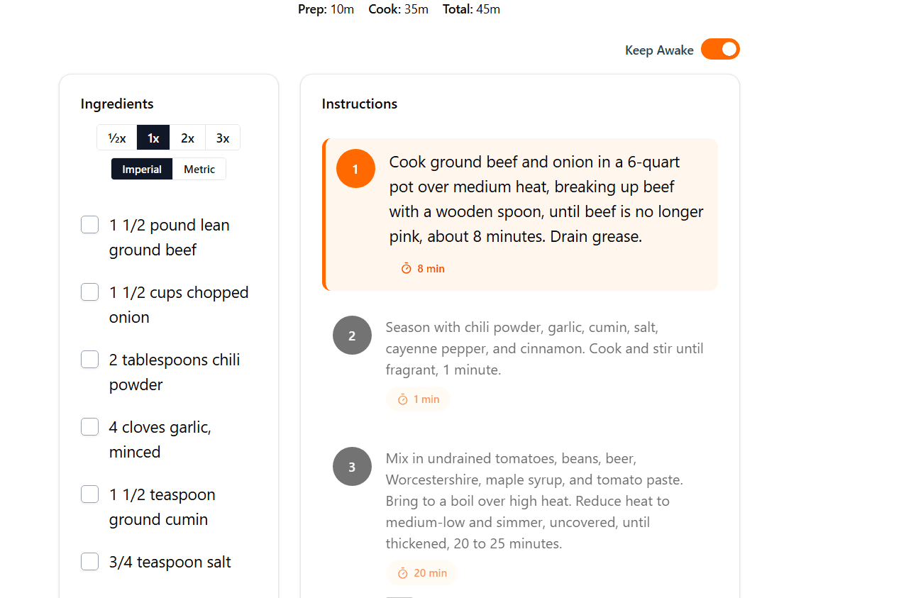 Recipe-Clipper cook mode showing ingredient checkoff, step tracking, and active timers
