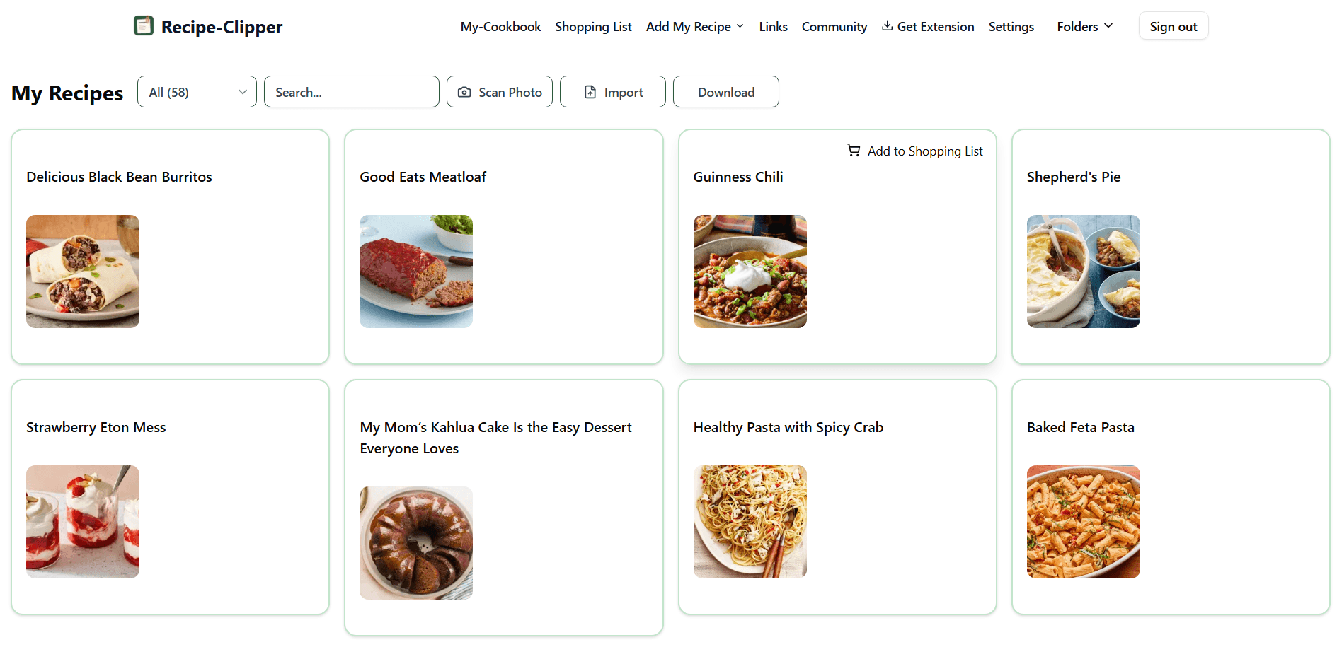 Recipe-Clipper cookbook view showing saved recipes organized in folders with search