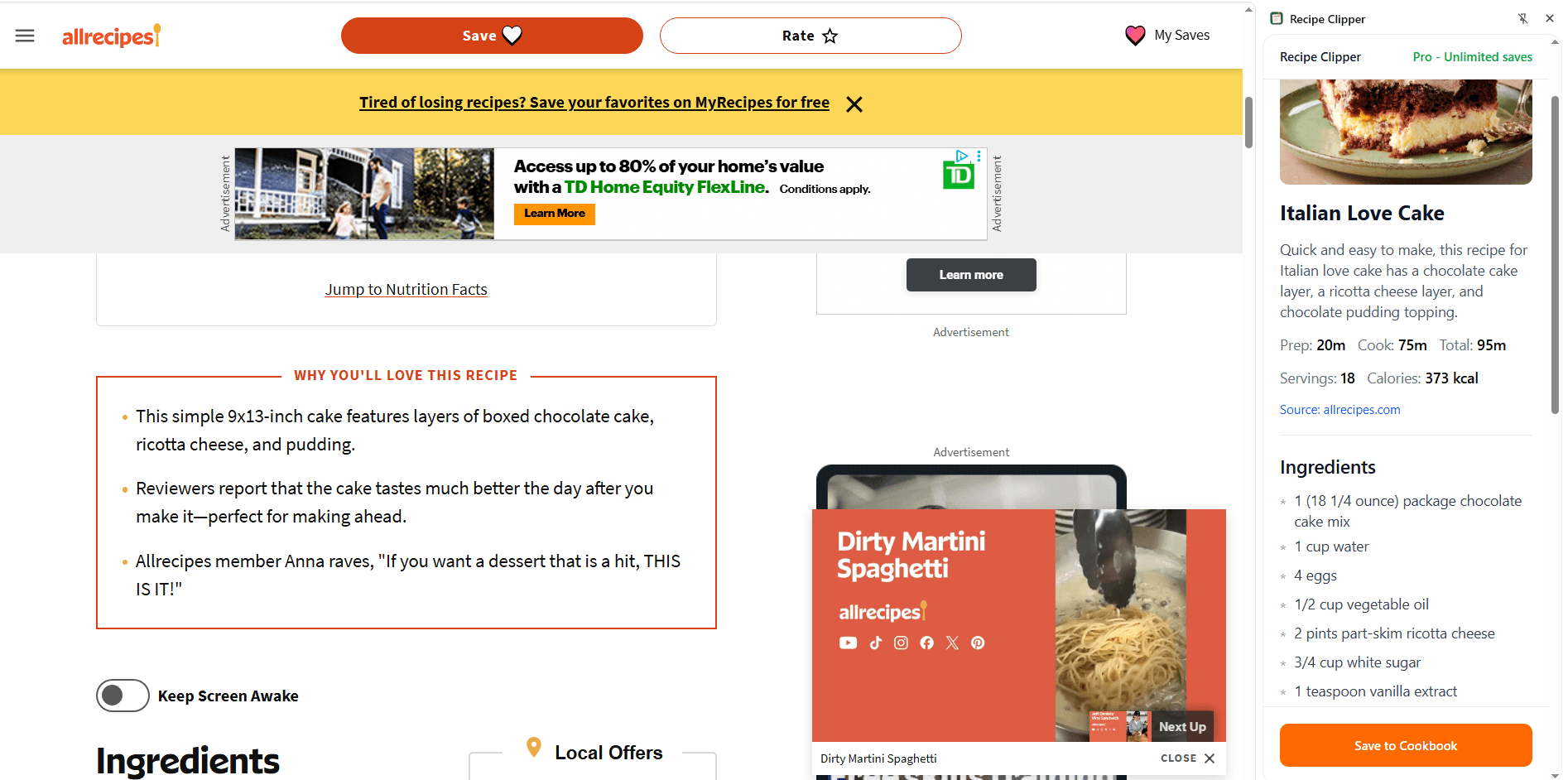 Recipe-Clipper browser extension extracting a recipe from a website with ingredients, steps, and photo