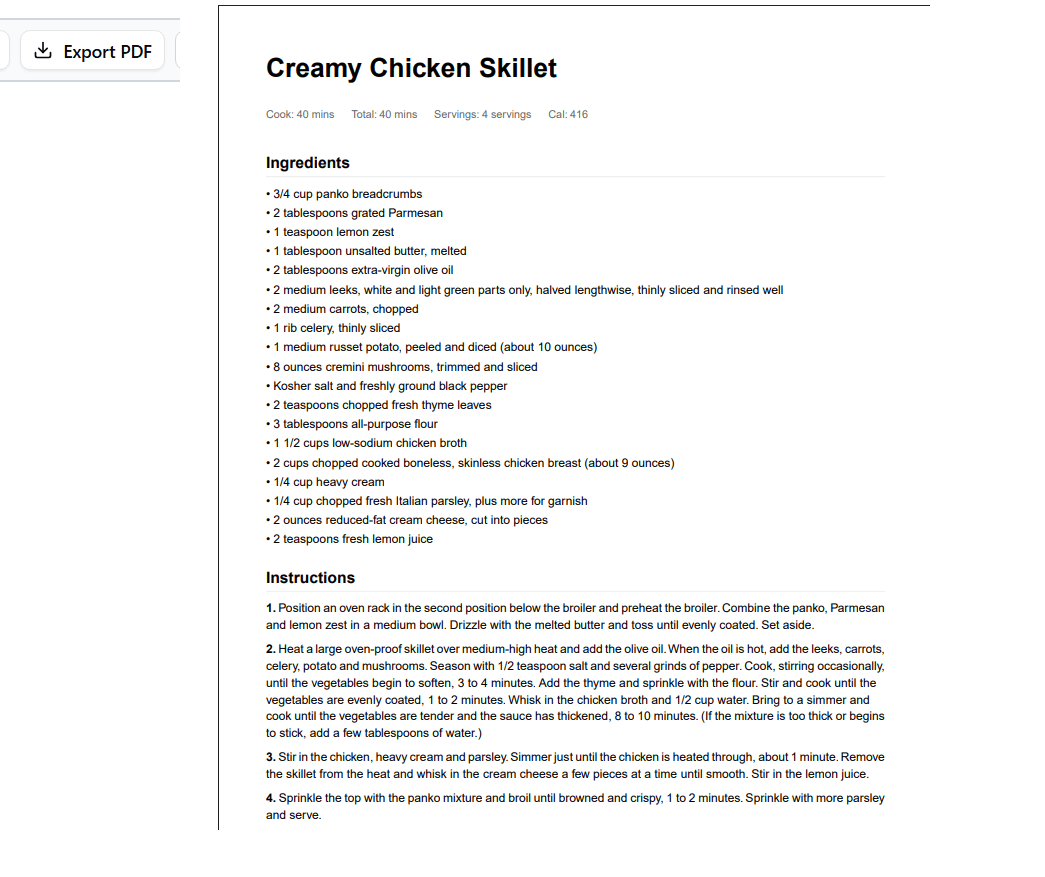Recipe-Clipper PDF export preview with cover page, table of contents, and recipe pages